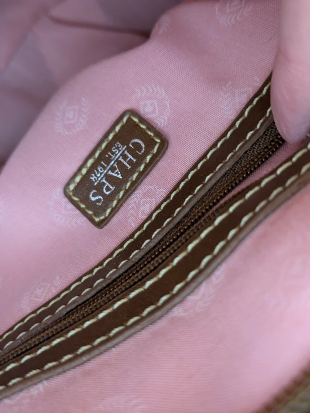 Chaps Pink Fabric Bag with Brown Trim and Charm